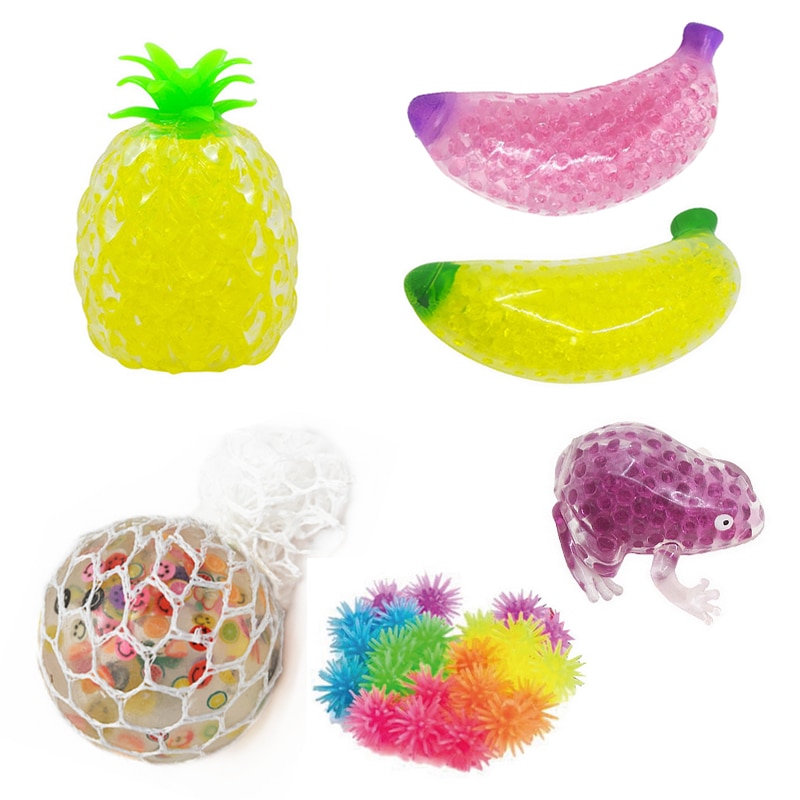 Spongy Banana Grape Bead Stress Ball Toys Squeeze Soft Fruit Shape Sensory Decompression Toy for Adult Kids Fidget Squishy Toys