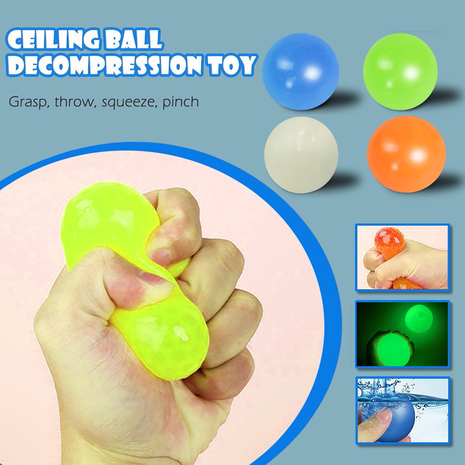 4pcs/set Pop Glow InThe Dark Relief Toys Anxiety Pressure Luminous Balls Squishy Toy Sticky Wall Children Kids Gifts